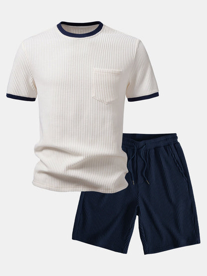 Kontrast Waffle T-Shirt mit Tasche & Drawstring Strick Waffle Shorts