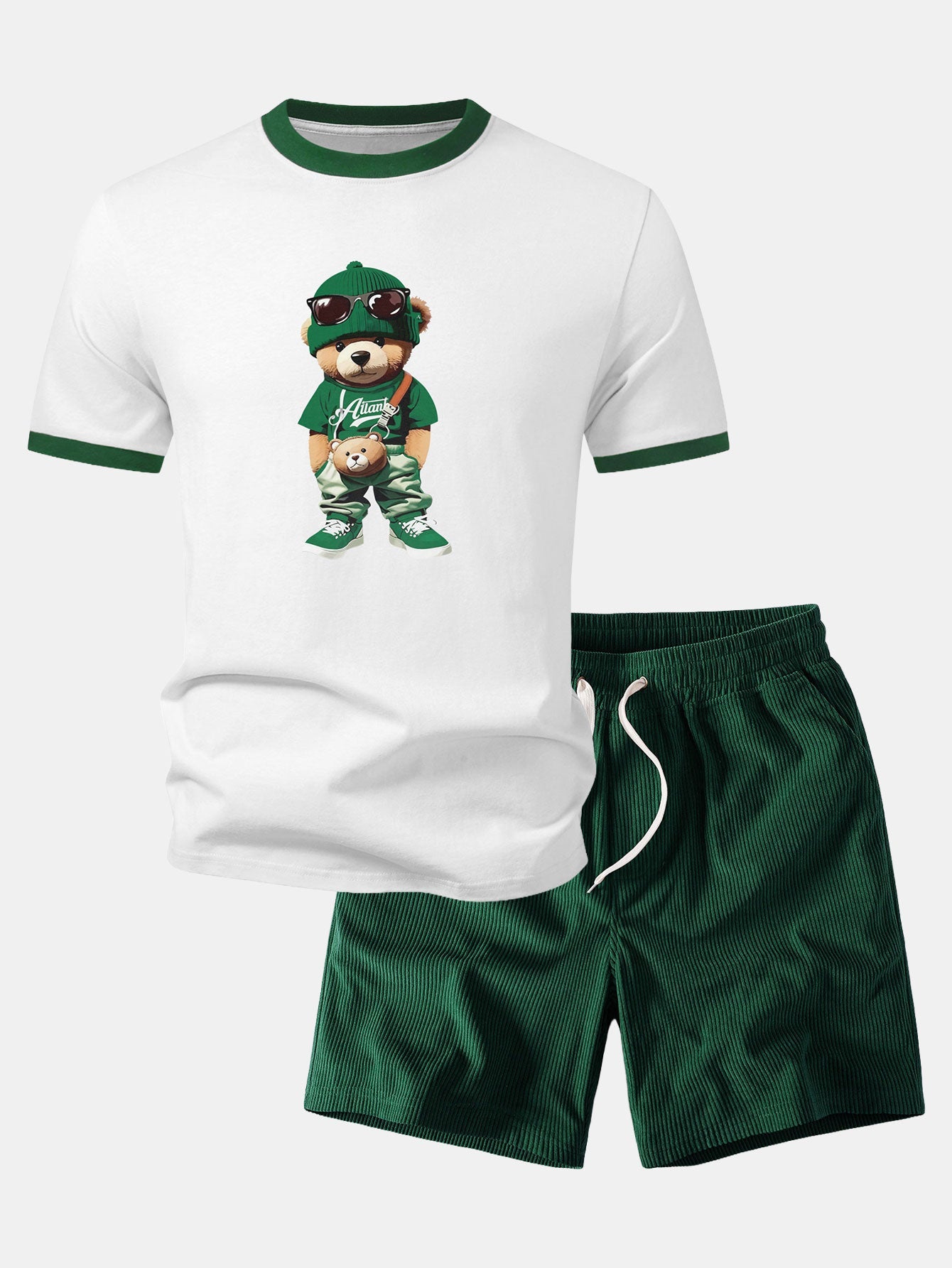 Cooler Bären-Druck Kontrast Ringer T-Shirt & Corduroy 7" Shorts