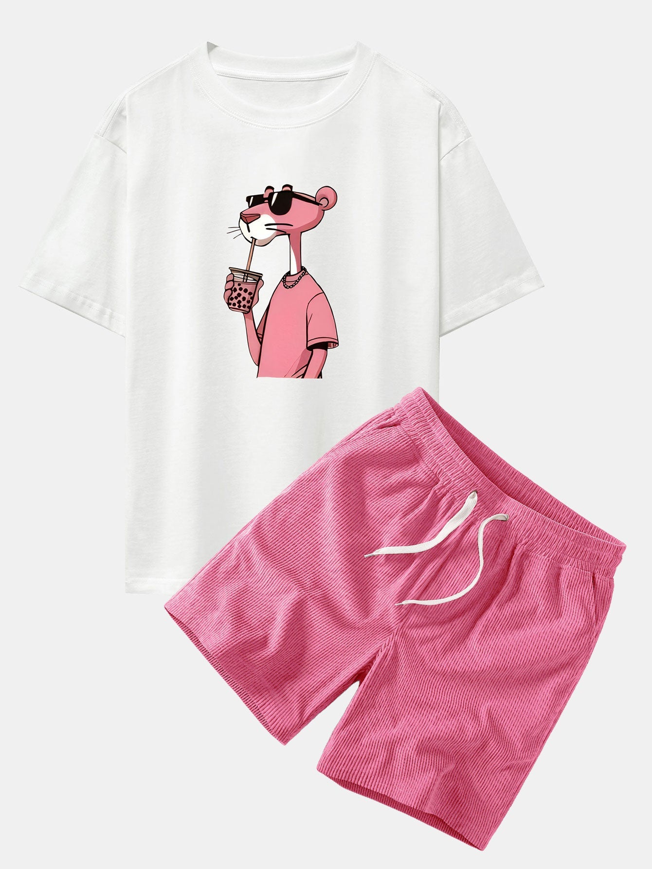Relaxed Fit Pink Panther Print Baumwoll-T-Shirt & Corduroy 7" Shorts
