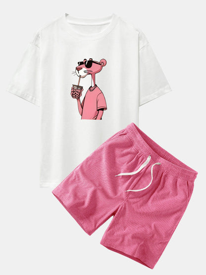 Relaxed Fit Pink Panther Print Baumwoll-T-Shirt & Corduroy 7" Shorts