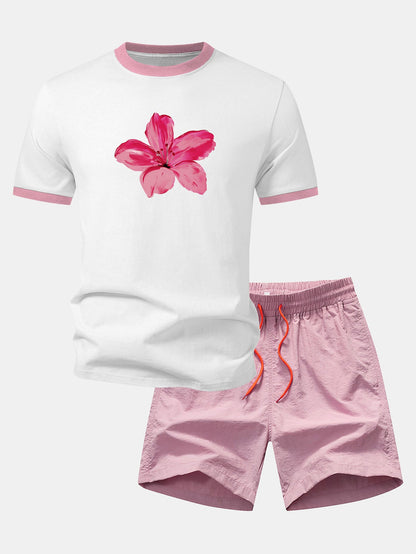 Aquarell Hibiskus Druck Kontrast Ringer T-Shirt & Schwimmshorts