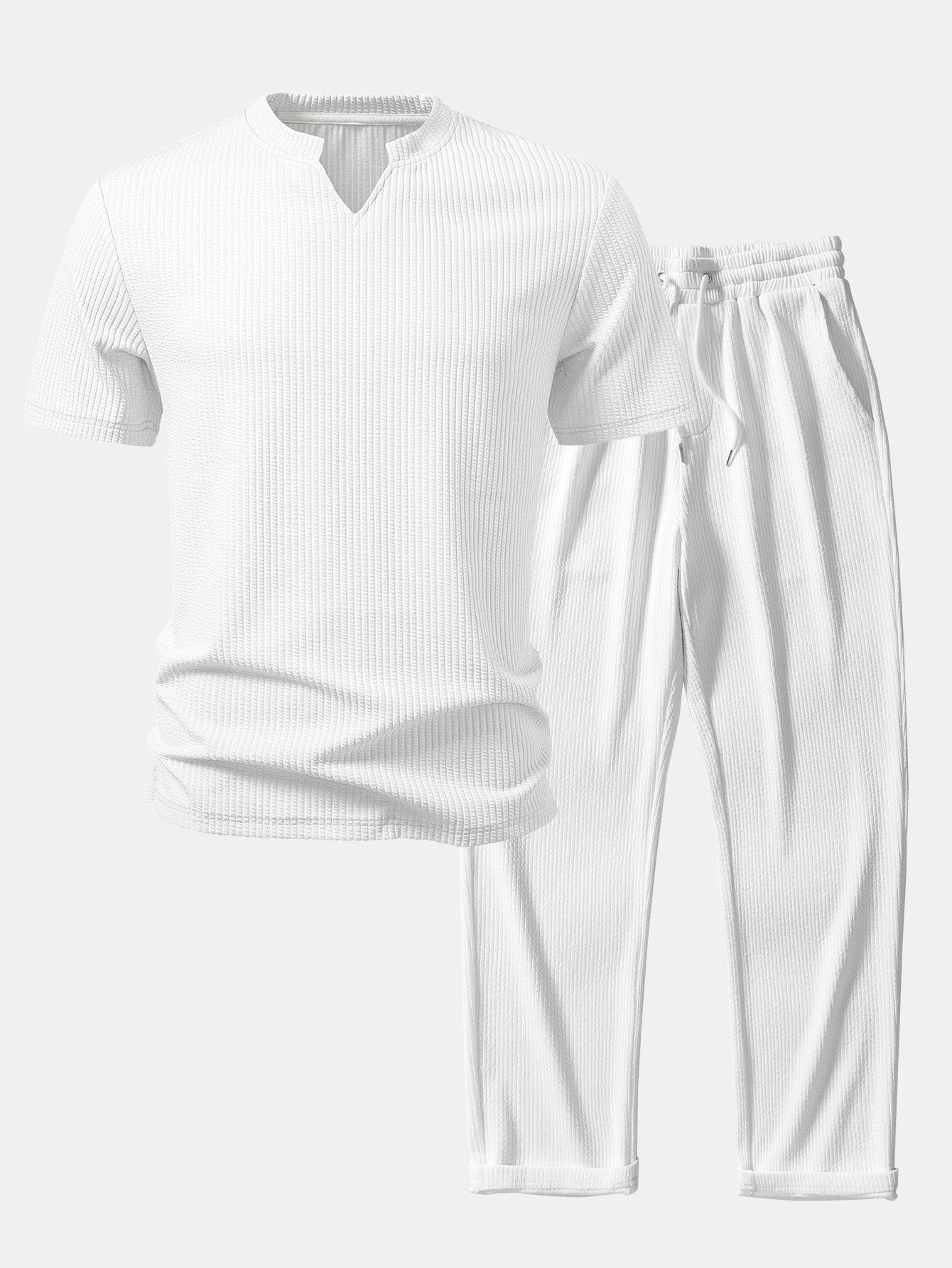 Muscle Fit Ripp-Notch-Kragen T-Shirt & gerade geschnittene Ripp-Hosen