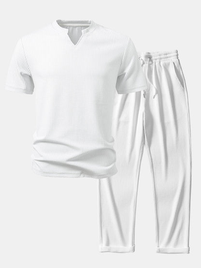 Muscle Fit Ripp-Notch-Kragen T-Shirt & gerade geschnittene Ripp-Hosen