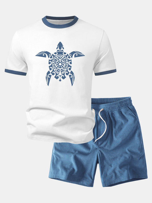 Seekü turtle Print Kontrast Ringer T-Shirt & Corduroy 7" Shorts