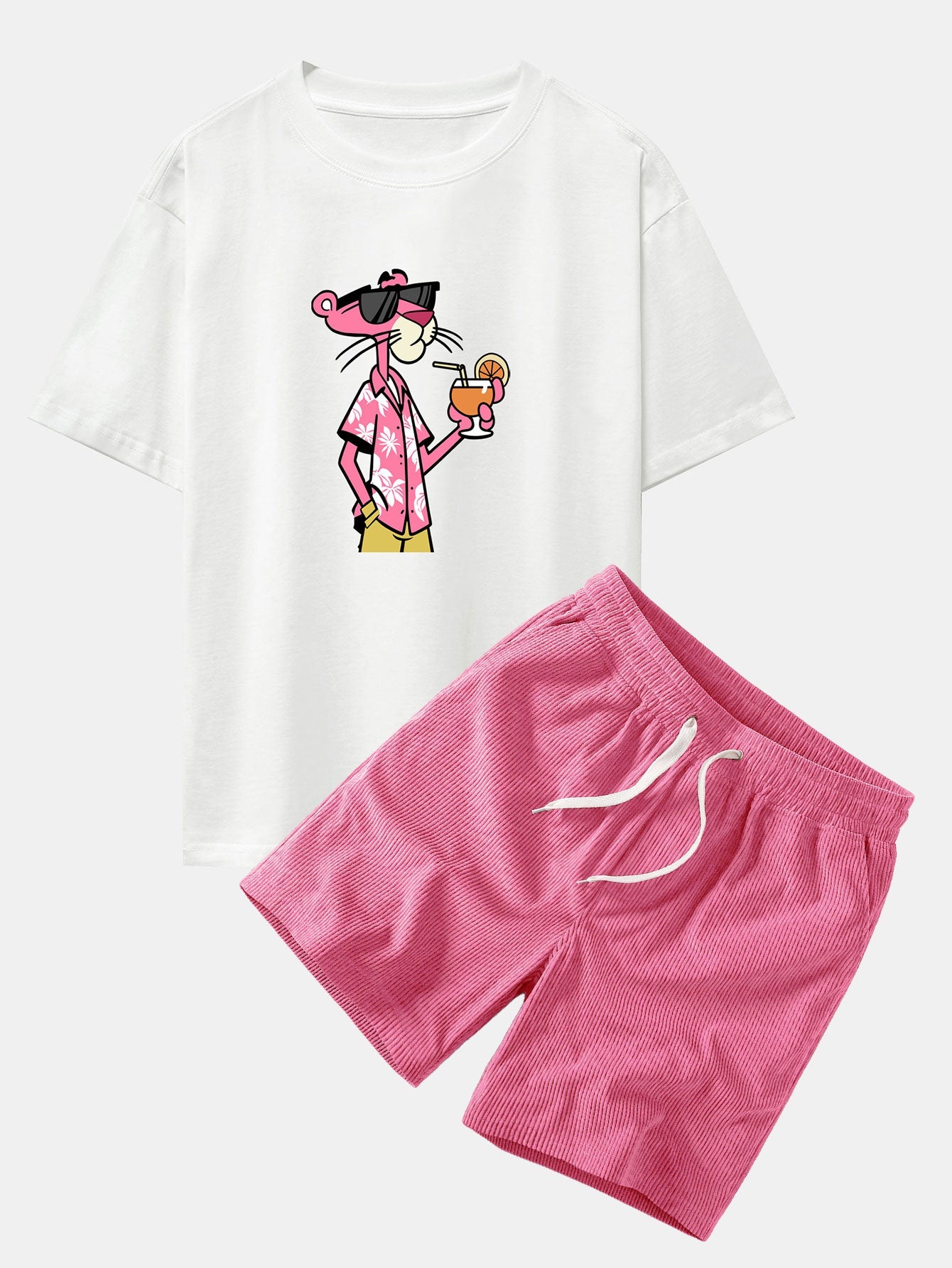 Relaxed Fit Urlaub Pink Panther Print Baumwoll T-Shirt & Corduroy 7" Shorts