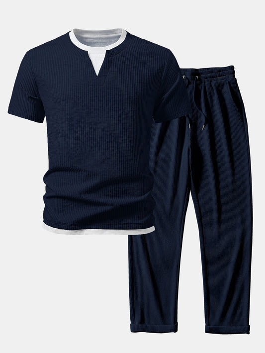 2 in 1 Ripp-Notch-Kragen T-Shirt & gerade Ripp-Hosen