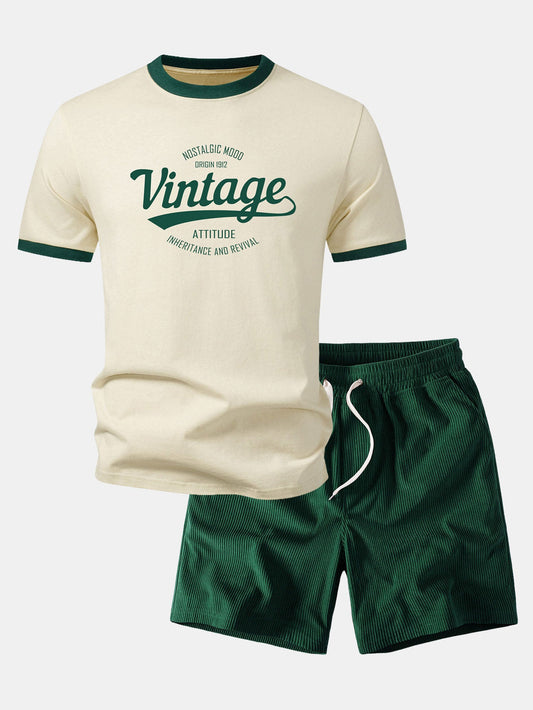 Vintage Print Kontrast Ringer T-Shirt & Corduroy 7" Shorts