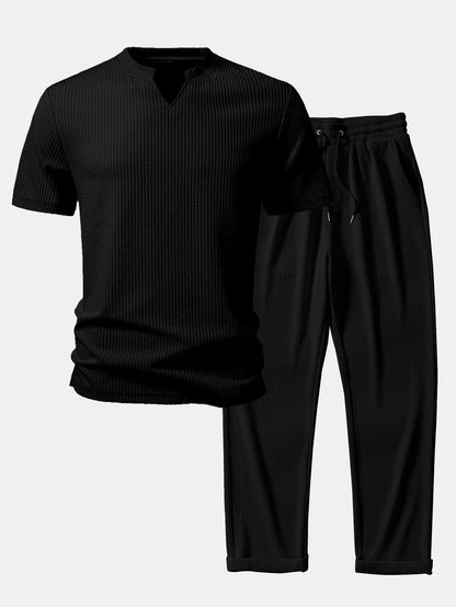 Muscle Fit Ripp-Notch-Kragen T-Shirt & gerade geschnittene Ripp-Hosen