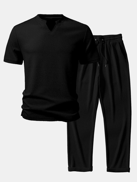 Muscle Fit Ripp-Notch-Kragen T-Shirt & gerade geschnittene Ripp-Hosen