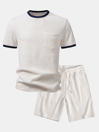Kontrast Waffle T-Shirt mit Tasche & Drawstring Strick Waffle Shorts