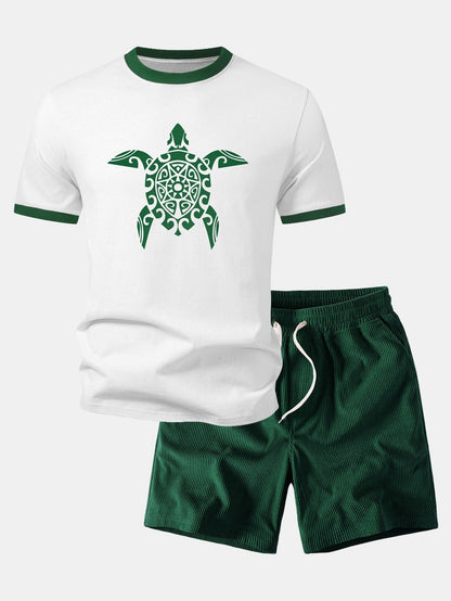 Seekü turtle Print Kontrast Ringer T-Shirt & Corduroy 7" Shorts