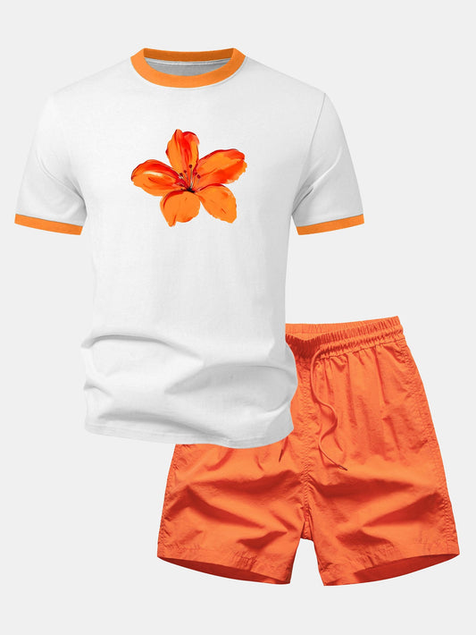 Aquarell Hibiskus Druck Kontrast Ringer T-Shirt & Schwimmshorts