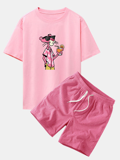 Relaxed Fit Urlaub Pink Panther Print Baumwoll T-Shirt & Corduroy 7" Shorts