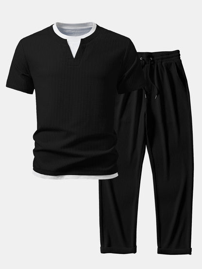 2 in 1 Ripp-Notch-Kragen T-Shirt & gerade Ripp-Hosen