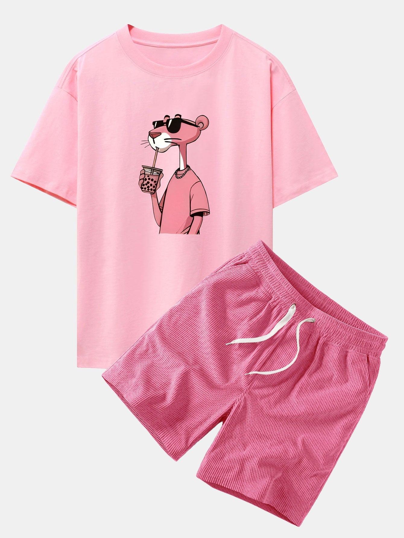 Relaxed Fit Pink Panther Print Baumwoll-T-Shirt & Corduroy 7" Shorts