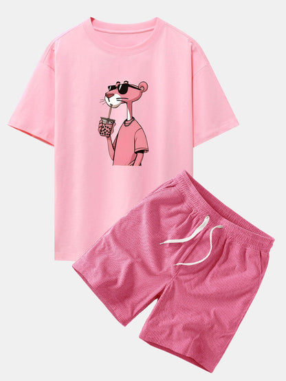Relaxed Fit Pink Panther Print Baumwoll-T-Shirt & Corduroy 7" Shorts