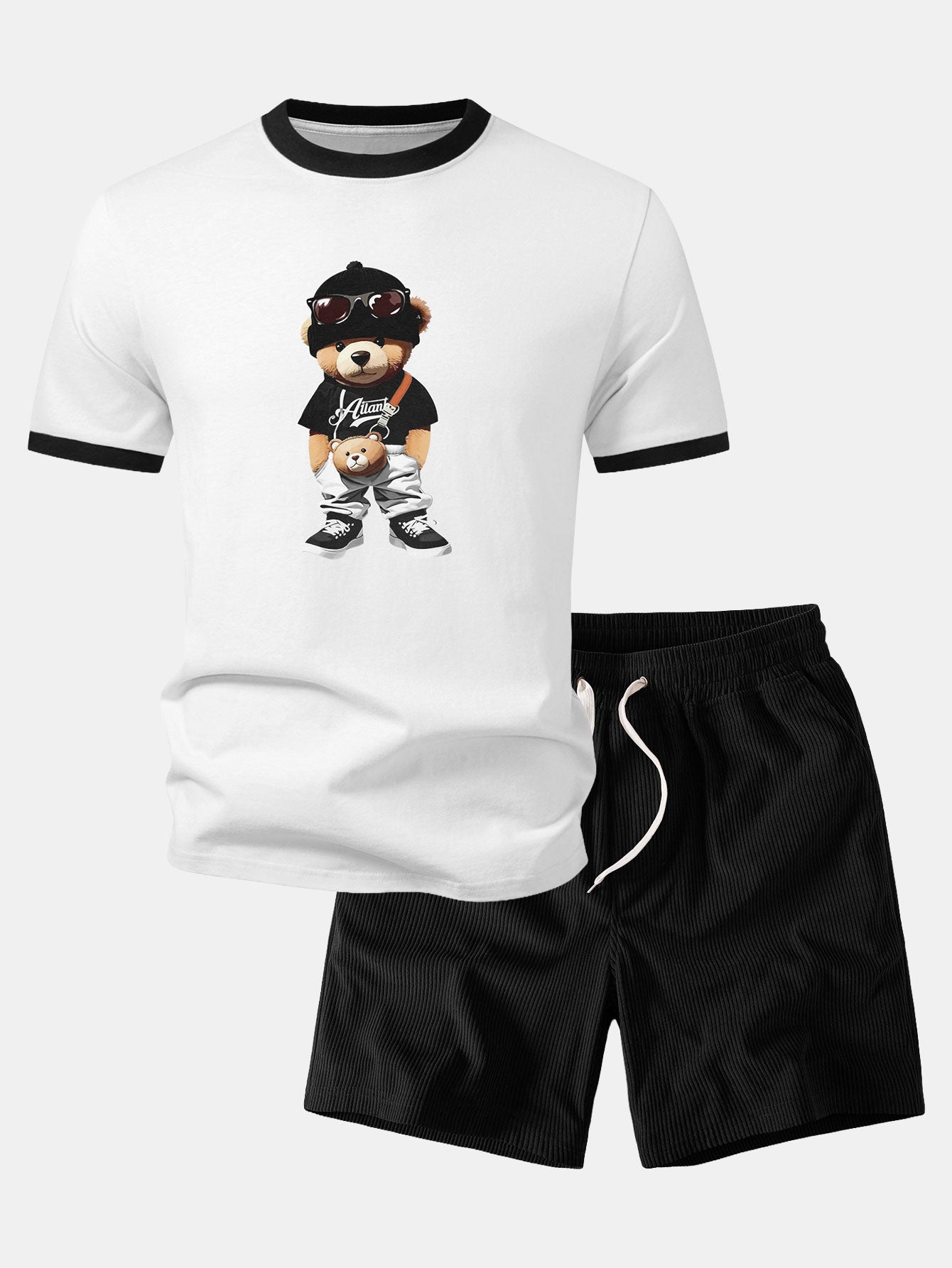 Cooler Bären-Druck Kontrast Ringer T-Shirt & Corduroy 7" Shorts