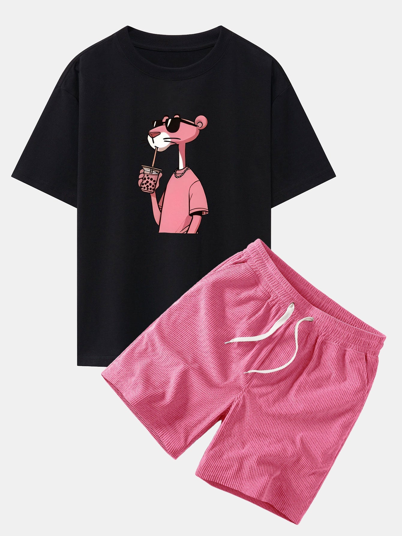 Relaxed Fit Pink Panther Print Baumwoll-T-Shirt & Corduroy 7" Shorts