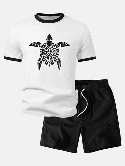 Seekü turtle Print Kontrast Ringer T-Shirt & Corduroy 7" Shorts