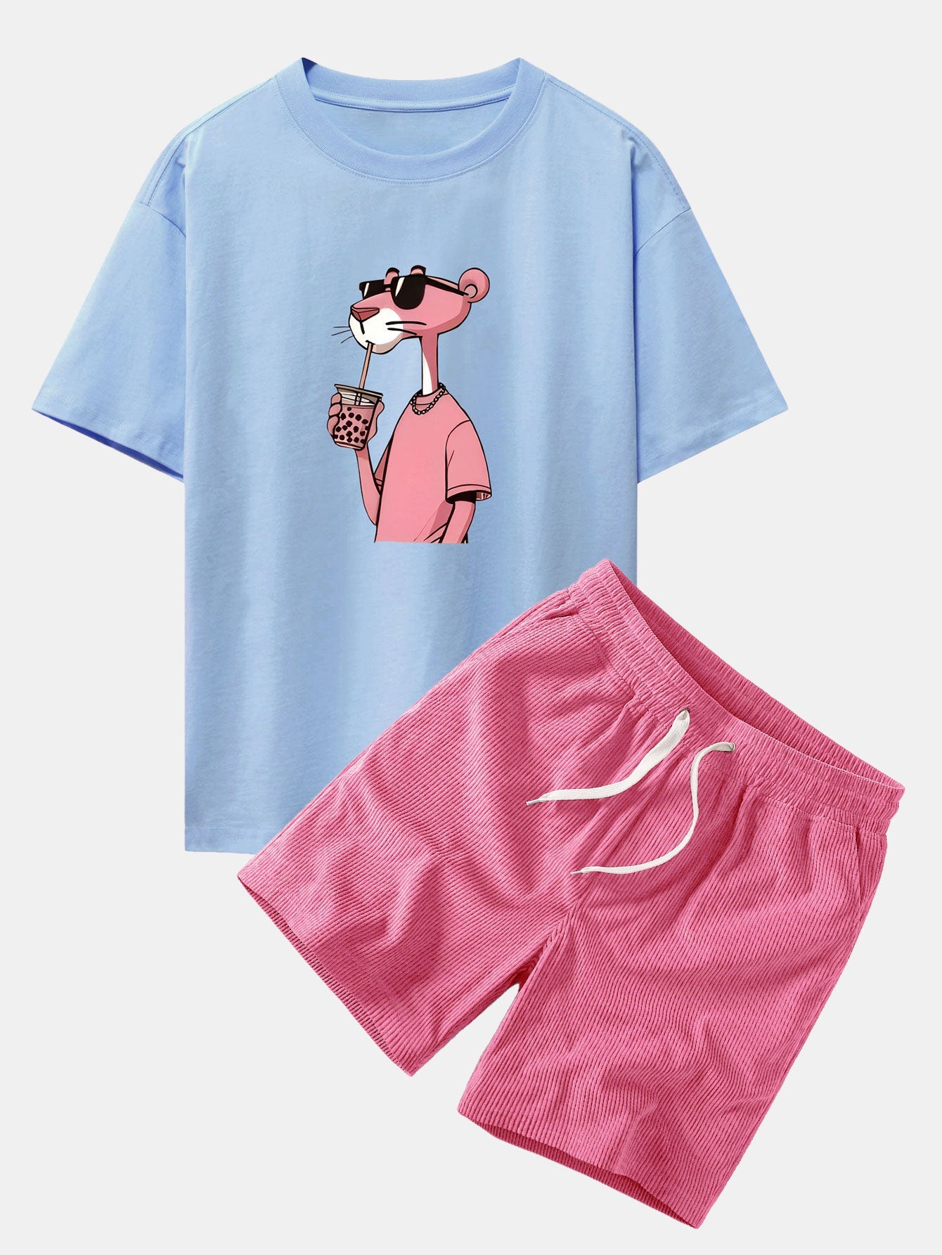 Relaxed Fit Pink Panther Print Baumwoll-T-Shirt & Corduroy 7" Shorts