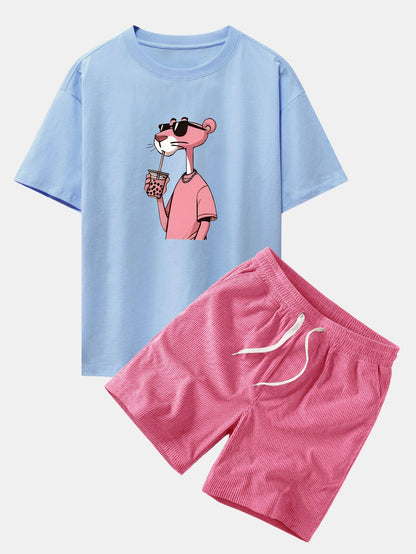 Relaxed Fit Pink Panther Print Baumwoll-T-Shirt & Corduroy 7" Shorts