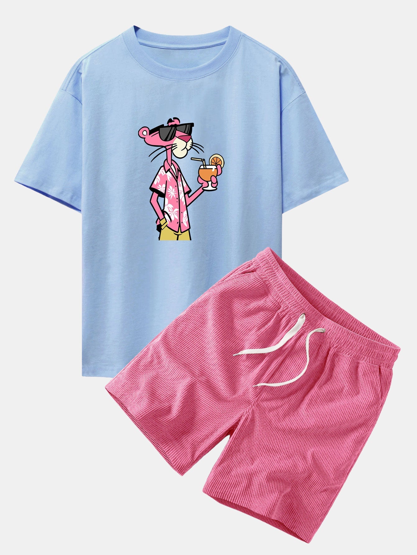 Relaxed Fit Urlaub Pink Panther Print Baumwoll T-Shirt & Corduroy 7" Shorts