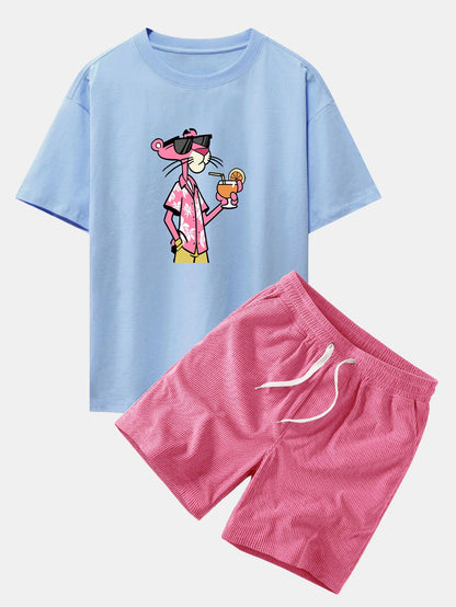 Relaxed Fit Urlaub Pink Panther Print Baumwoll T-Shirt & Corduroy 7" Shorts