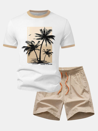 Palmbaum-Print Kontrast Ringer T-Shirt & Schwimmshorts