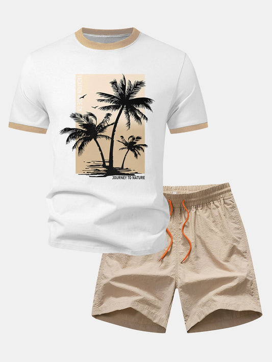 Palmbaum-Print Kontrast Ringer T-Shirt & Schwimmshorts