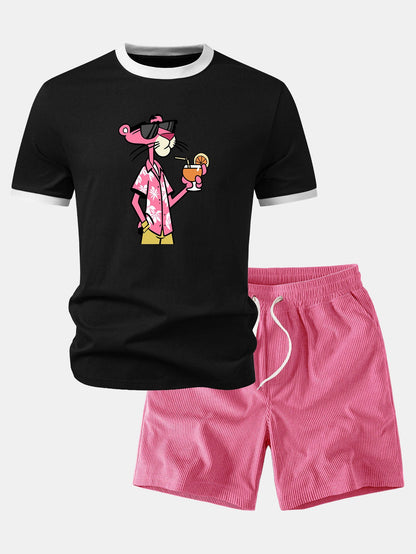 Urlaubs-Pink-Panther-Print Kontrast-Ringer-T-Shirt & Corduroy 7" Shorts