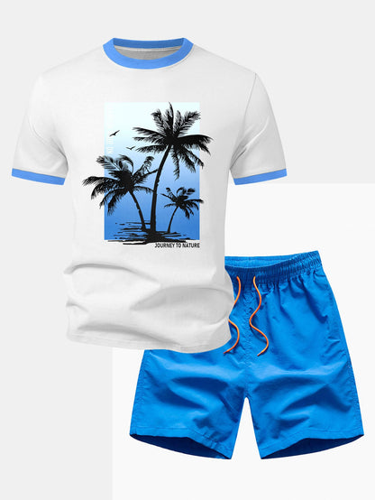 Palmbaum-Print Kontrast Ringer T-Shirt & Schwimmshorts