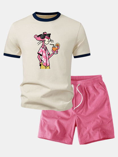 Urlaubs-Pink-Panther-Print Kontrast-Ringer-T-Shirt & Corduroy 7" Shorts