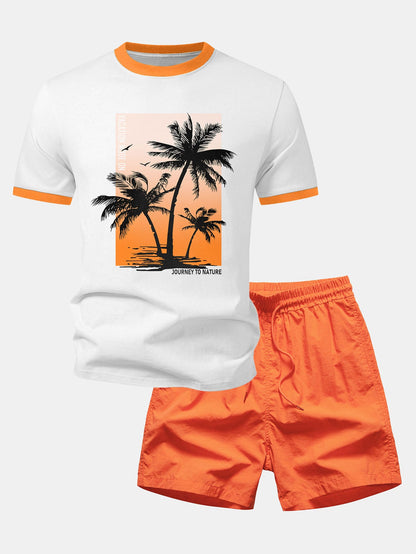 Palmbaum-Print Kontrast Ringer T-Shirt & Schwimmshorts