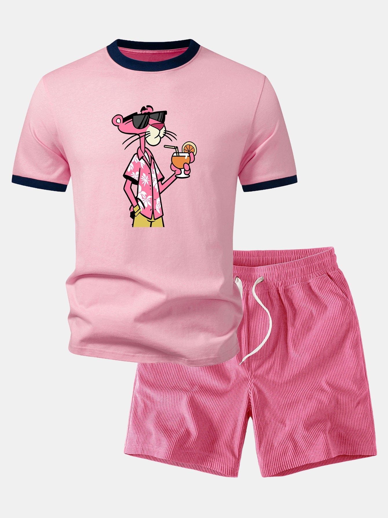 Urlaubs-Pink-Panther-Print Kontrast-Ringer-T-Shirt & Corduroy 7" Shorts