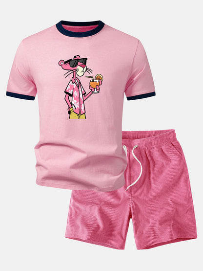 Urlaubs-Pink-Panther-Print Kontrast-Ringer-T-Shirt & Corduroy 7" Shorts
