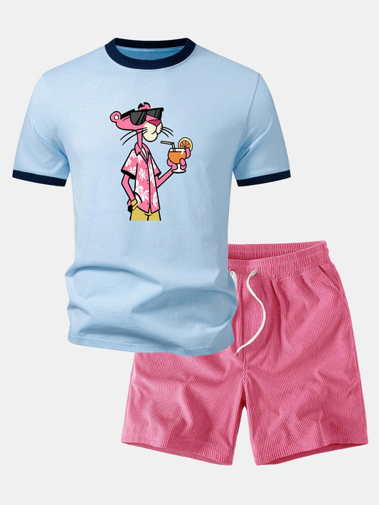 Urlaubs-Pink-Panther-Print Kontrast-Ringer-T-Shirt & Corduroy 7" Shorts