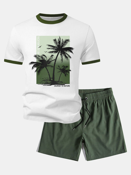 Palmbaum-Print Kontrast Ringer T-Shirt & Schwimmshorts