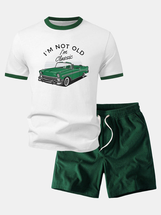 Vintage Auto Druck Kontrast Ringer T-Shirt & Corduroy 7" Shorts