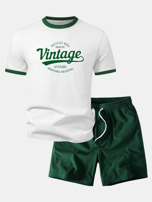 Vintage Druck Kontrast Ringer T-Shirt & Corduroy 7" Shorts