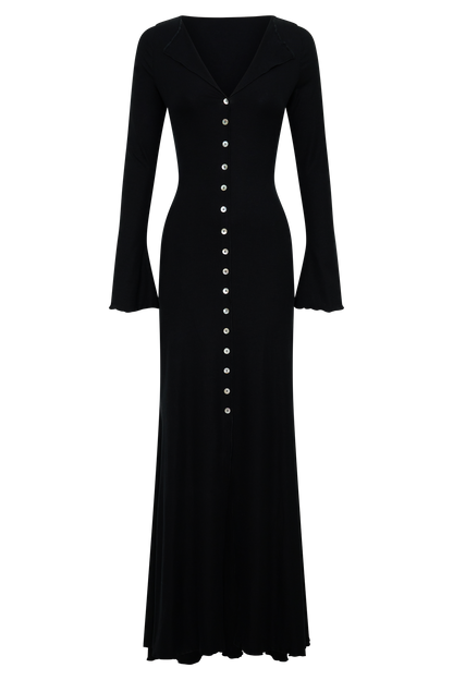 Tanya Knopf-Longsleeve-Maxi-Kleid - Schwarz