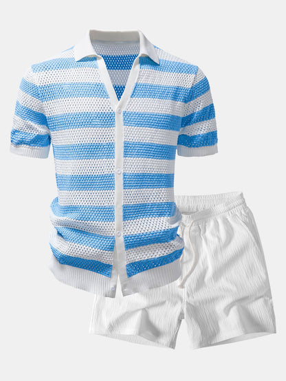 Streifen V-Ausschnitt Offenes Strickshirt & Crinkle-texturierte Shorts mit Kordelzug 5"