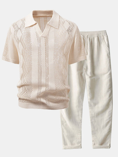 Relaxed Fit Geometrie Häkel V-Ausschnitt Strick Polo & Gerade Beinform Leinenhose
