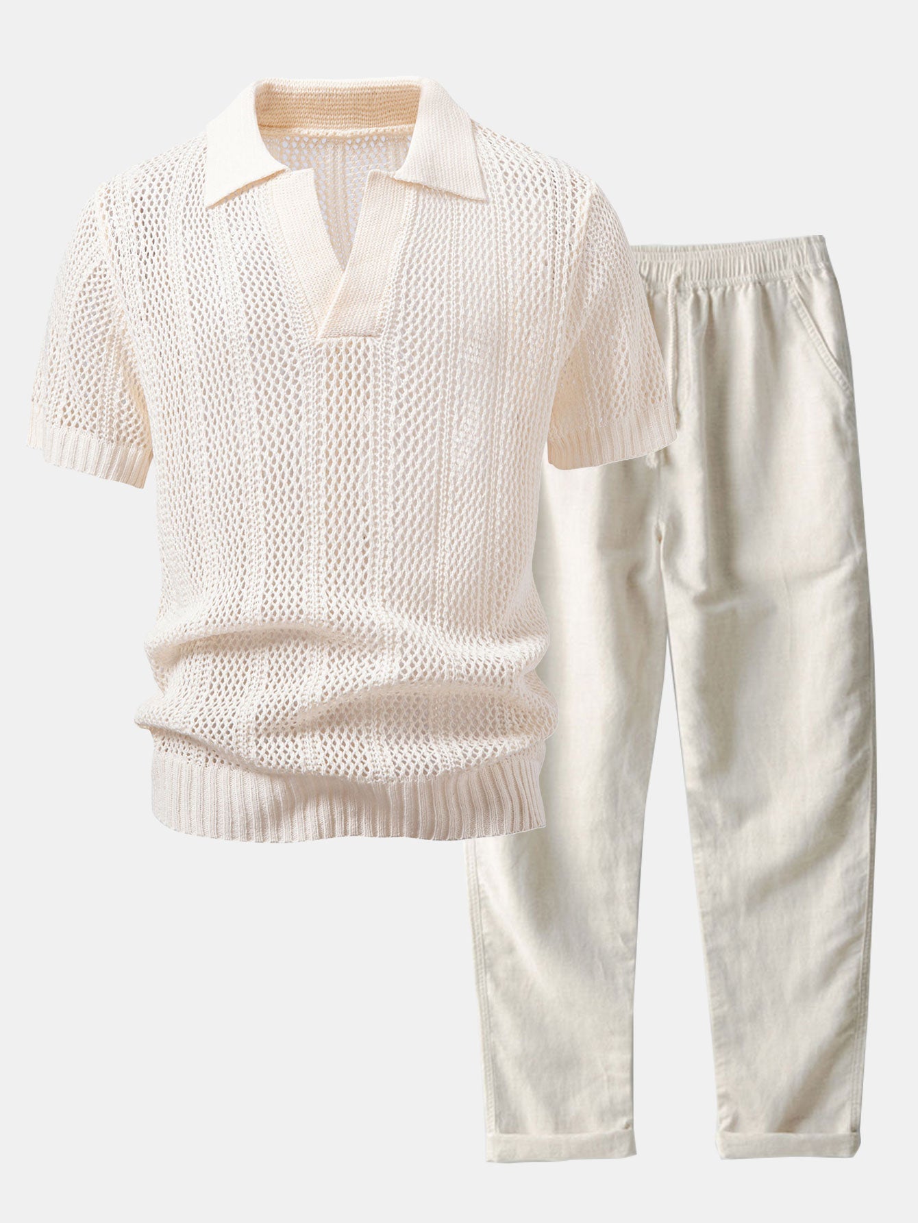 Relaxed Fit Häkel V-Ausschnitt Strick Polo & Gerade Bein Leinenhose