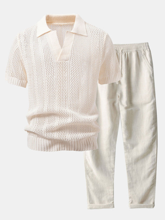 Relaxed Fit Häkel V-Ausschnitt Strick Polo & Gerade Bein Leinenhose