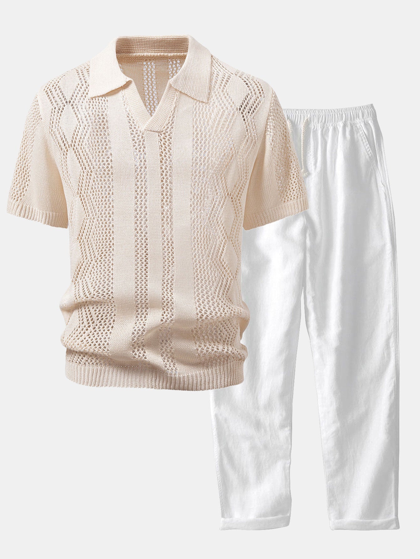 Relaxed Fit Geometrie Häkel V-Ausschnitt Strick Polo & Gerade Beinform Leinenhose