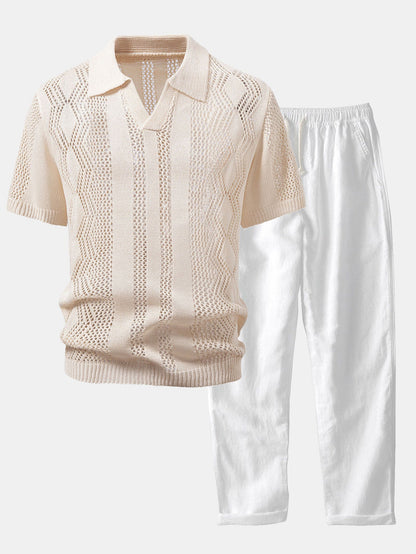 Relaxed Fit Geometrie Häkel V-Ausschnitt Strick Polo & Gerade Beinform Leinenhose