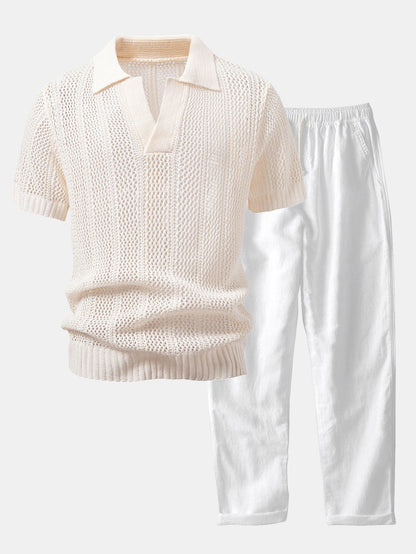 Relaxed Fit Häkel V-Ausschnitt Strick Polo & Gerade Bein Leinenhose