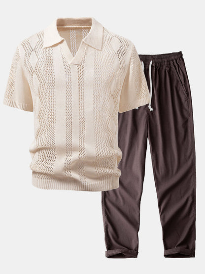 Relaxed Fit Geometrie Häkel V-Ausschnitt Strick Polo & Gerade Beinform Leinenhose