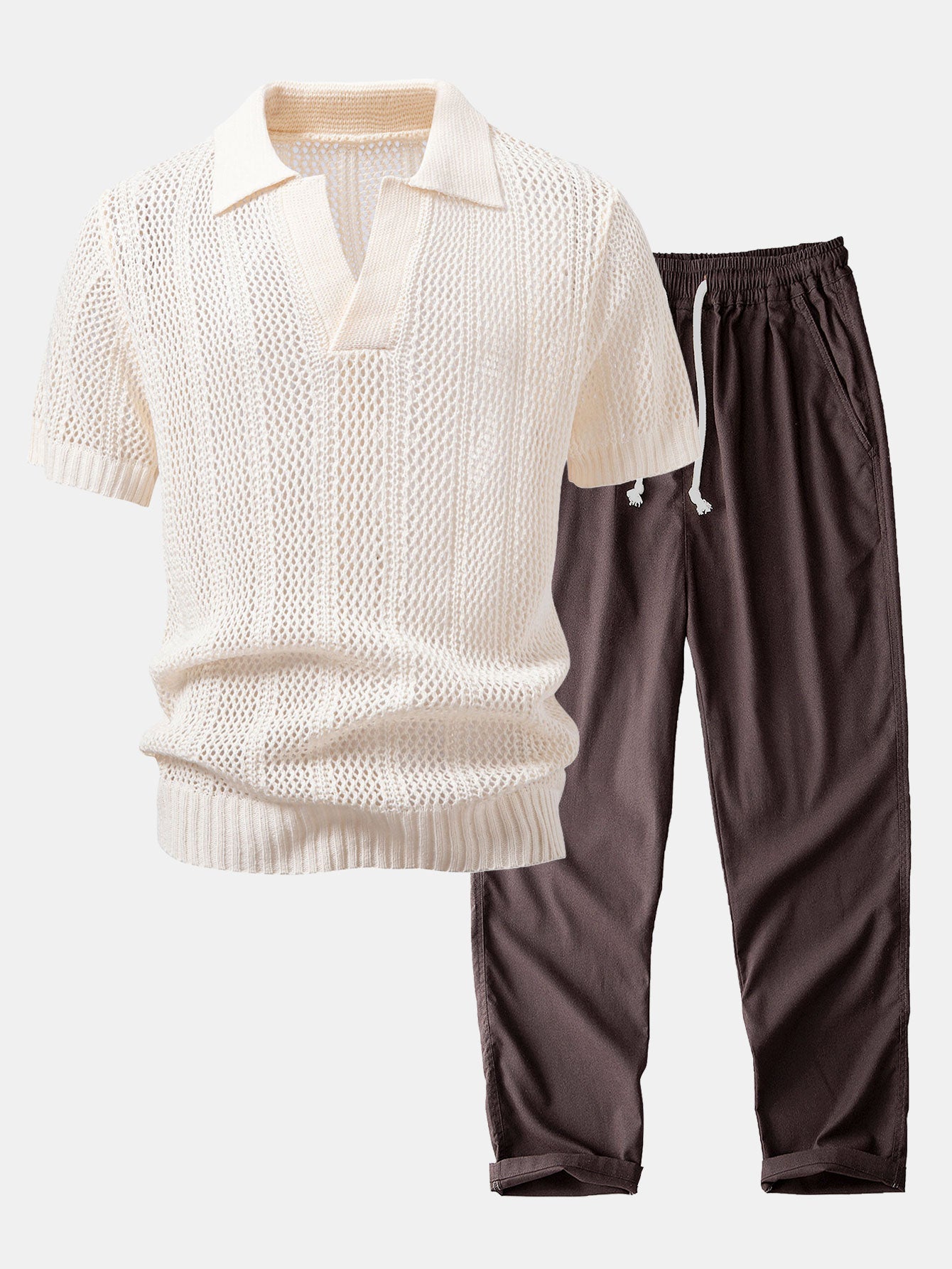 Relaxed Fit Häkel V-Ausschnitt Strick Polo & Gerade Bein Leinenhose