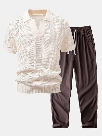 Relaxed Fit Häkel V-Ausschnitt Strick Polo & Gerade Bein Leinenhose